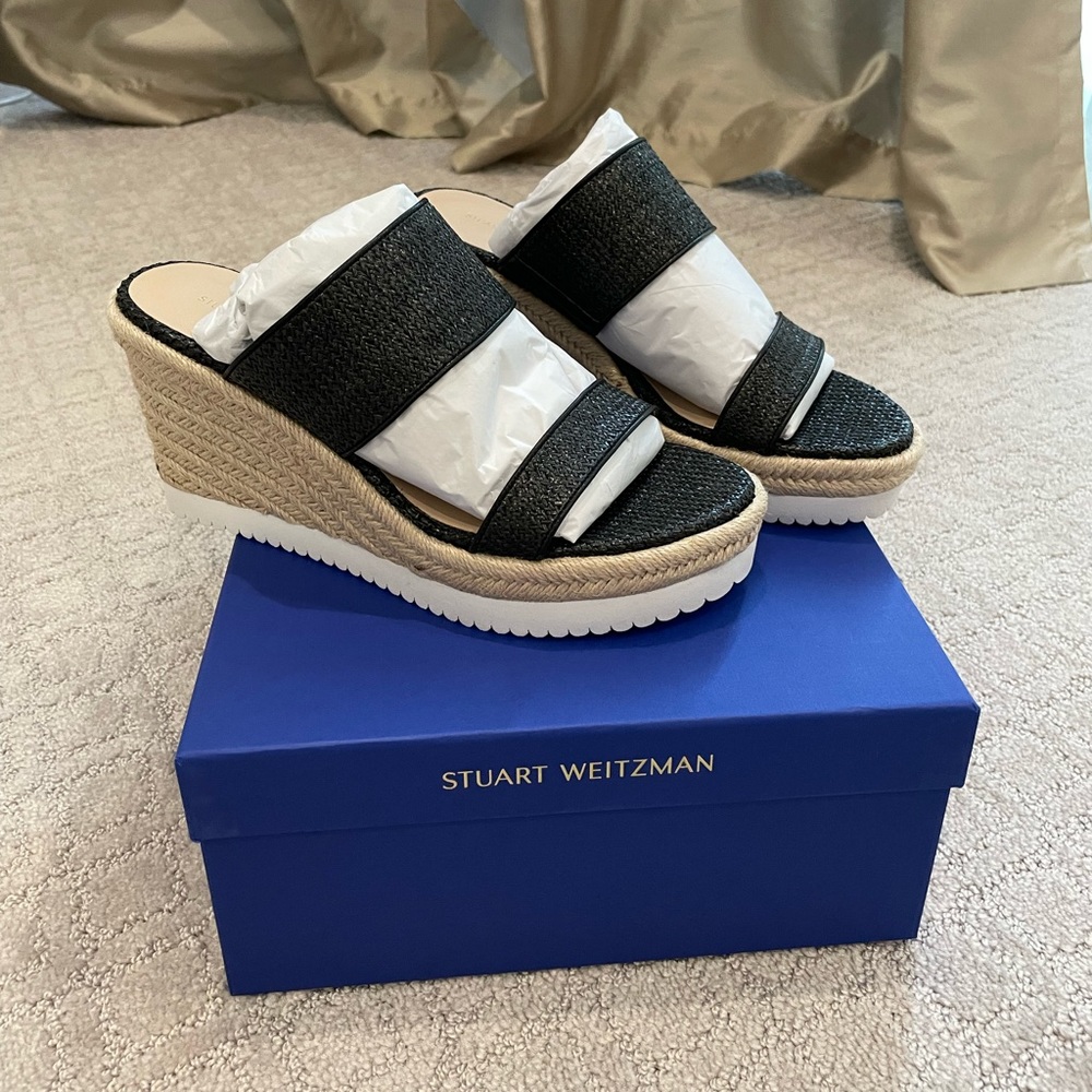 Stuart Weitzman two-strapc black espadrille wedge. Size 7.5 NWT never worn